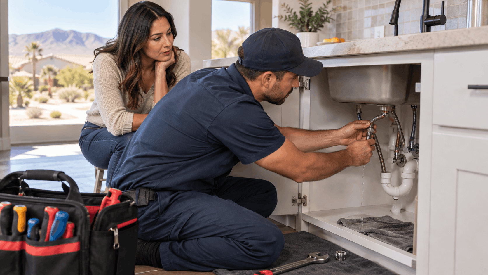 Plumber repairing kitchen sink supply line while homeowner watches in Las Vegas home