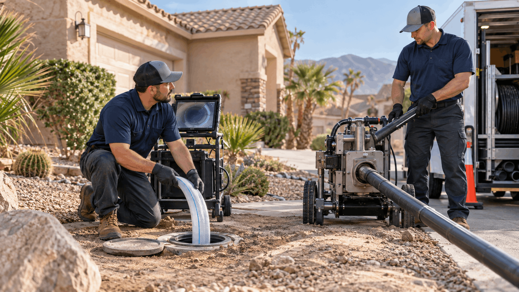 Two plumbers performing trenchless pipe repair with camera inspection equipment in Las Vegas