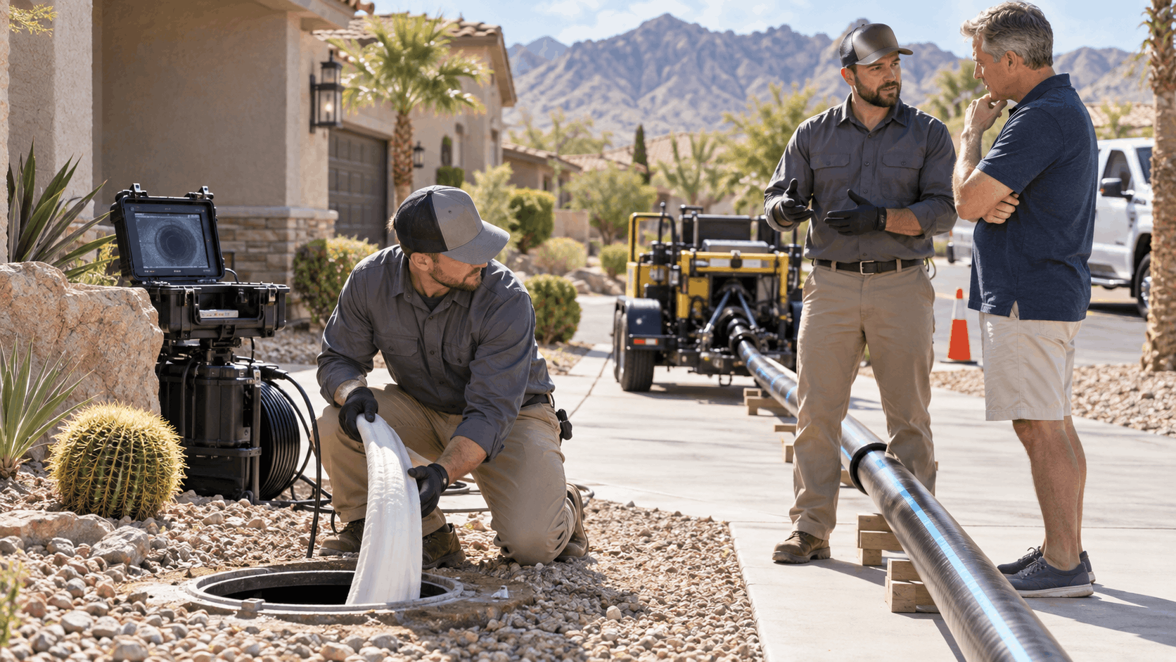 Las Vegas plumbers performing pipe bursting repair with camera inspection equipment at residential property