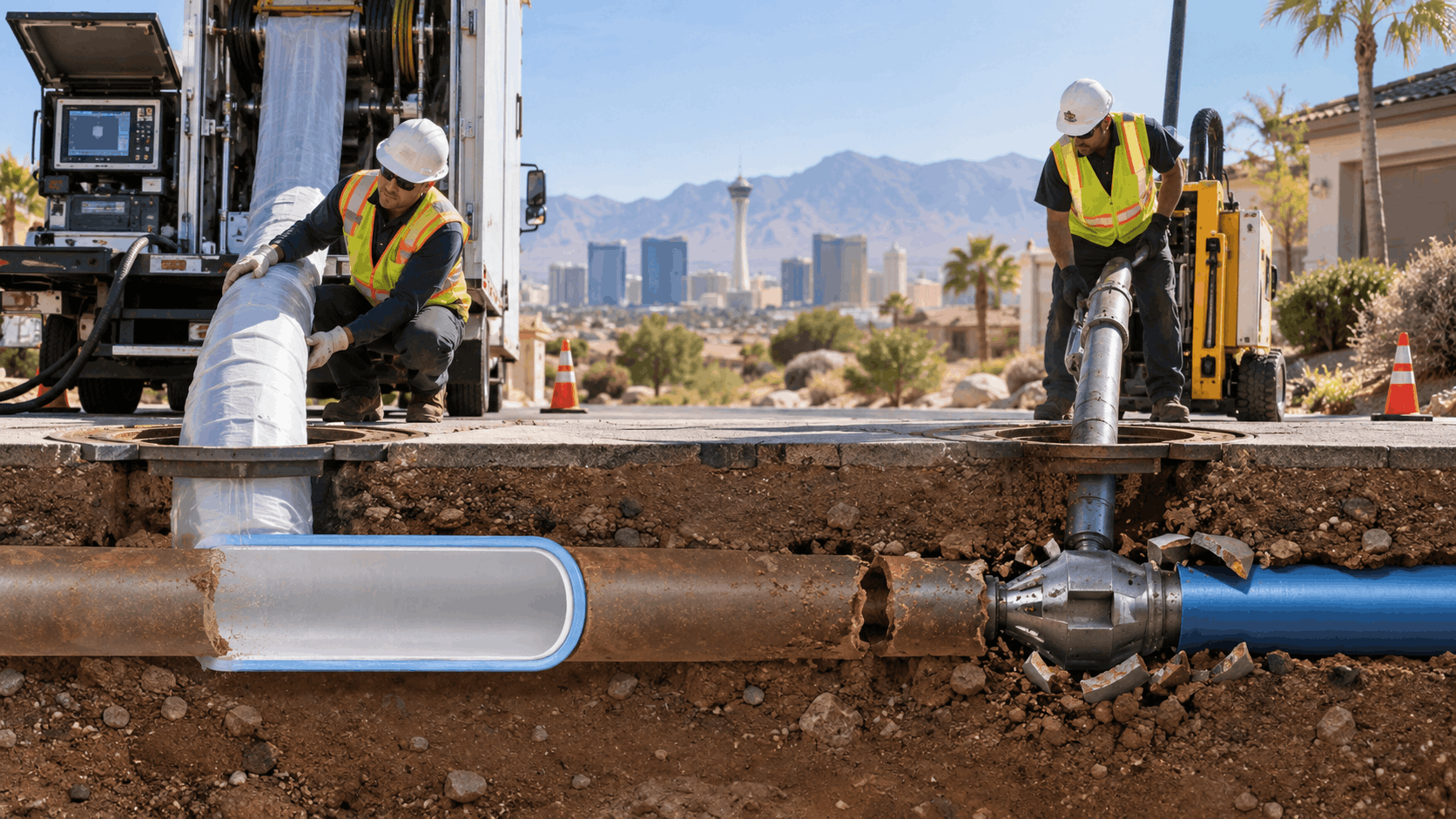 Active Plumbing Las Vegas technicians performing trenchless pipe lining and bursting repair