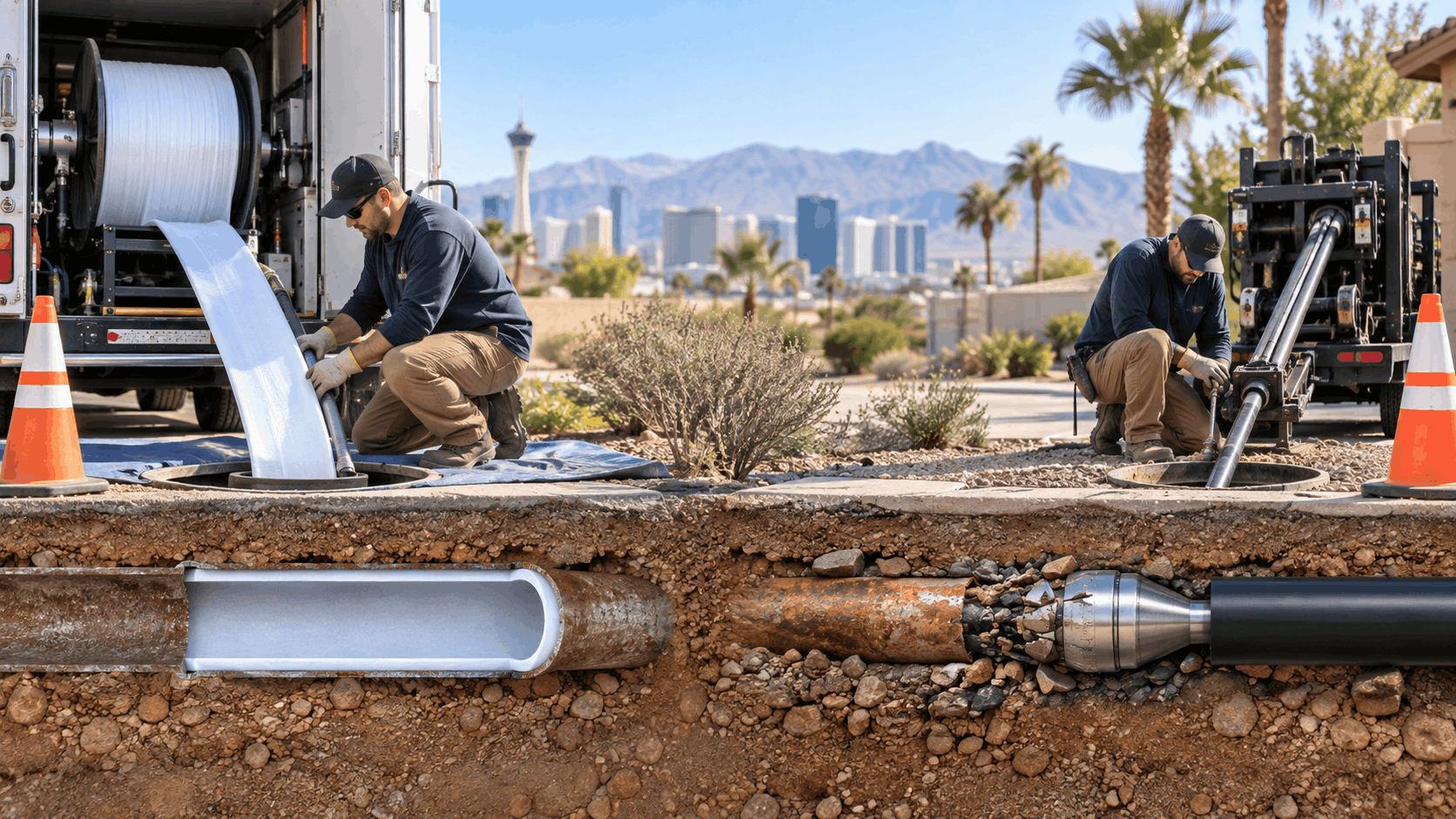 Two plumbers performing trenchless pipe lining repair on Las Vegas residential sewer line