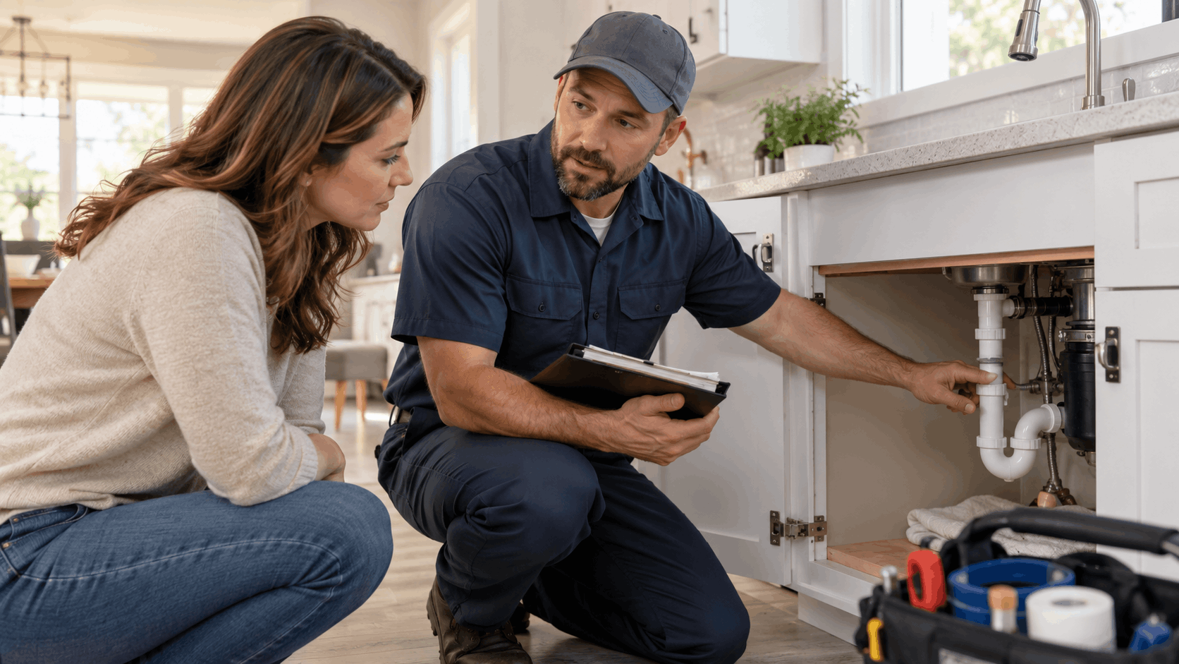 Plumber explaining under-sink pipe issue to homeowner during Las Vegas kitchen inspection