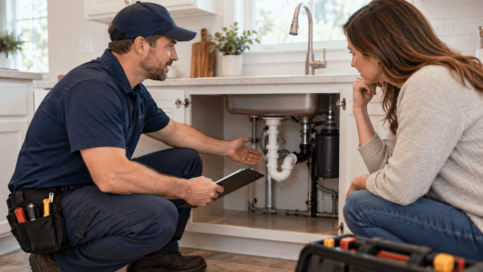 Licensed plumber explaining under-sink pipe inspection to Las Vegas homeowner requiring permit