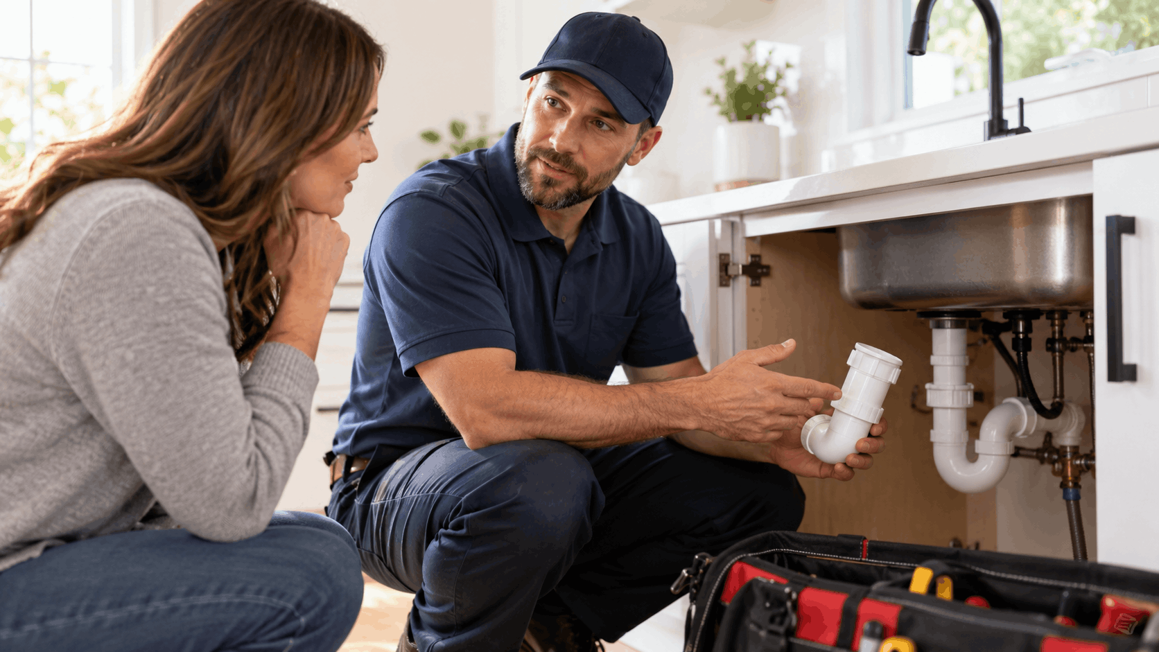 Licensed plumber explaining pipe fitting to homeowner under kitchen sink in Las Vegas