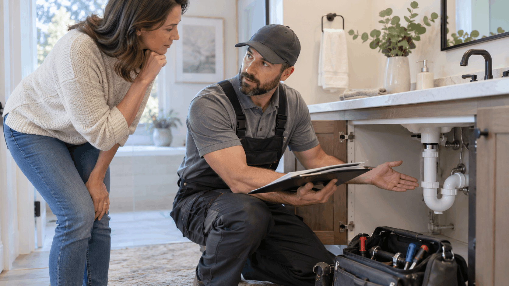 Licensed plumber explaining bathroom sink pipe issue to Las Vegas homeowner with toolkit nearby