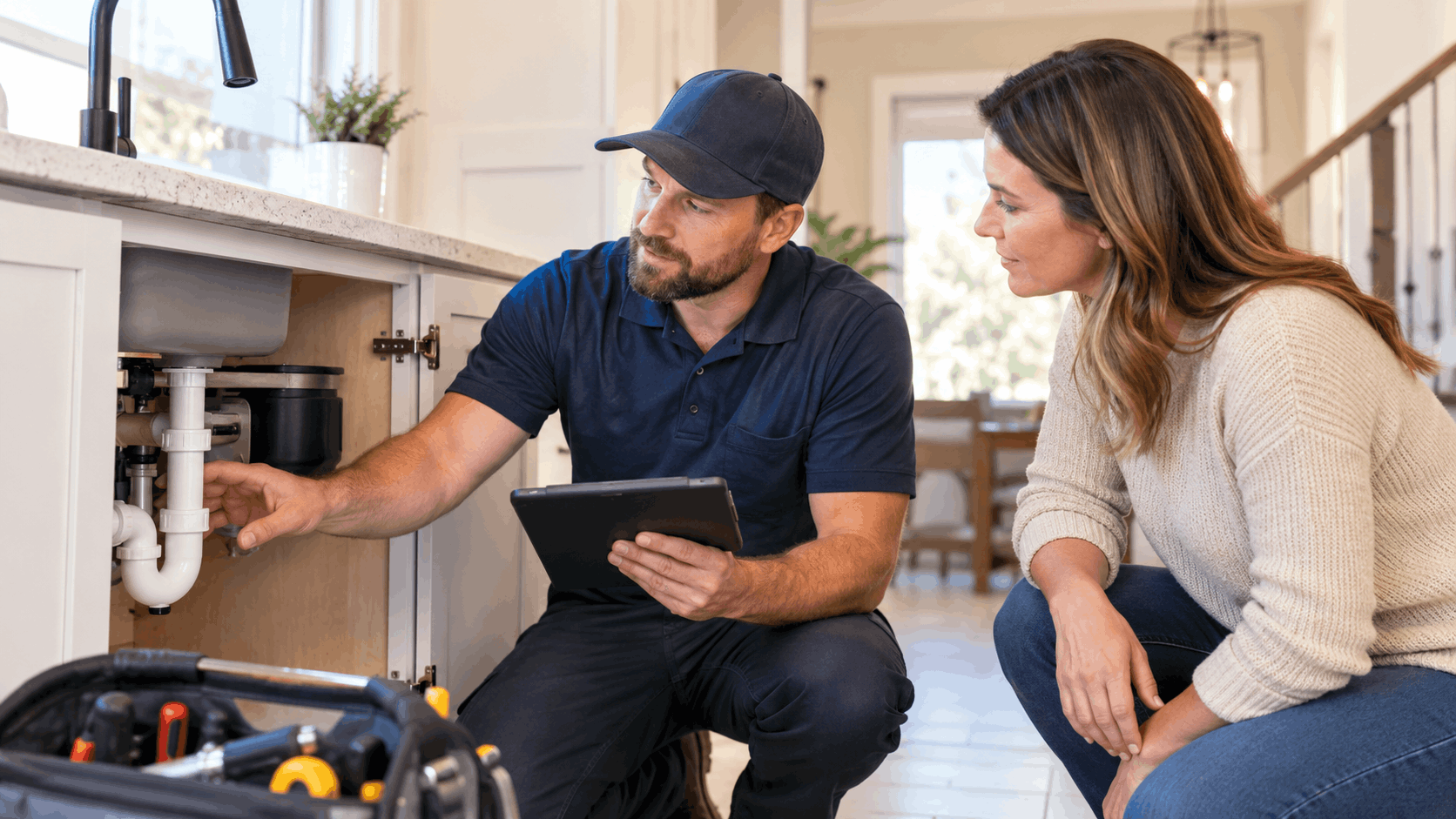 Las Vegas plumber explaining under-sink pipe issue to homeowner using tablet