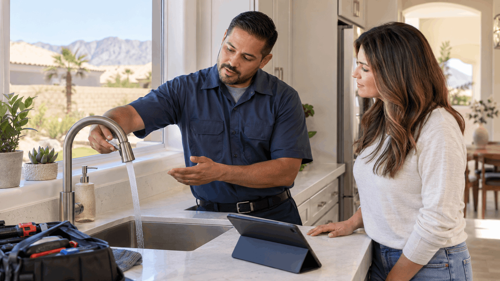 Plumber demonstrating kitchen faucet water flow to Las Vegas homeowner with tablet nearby