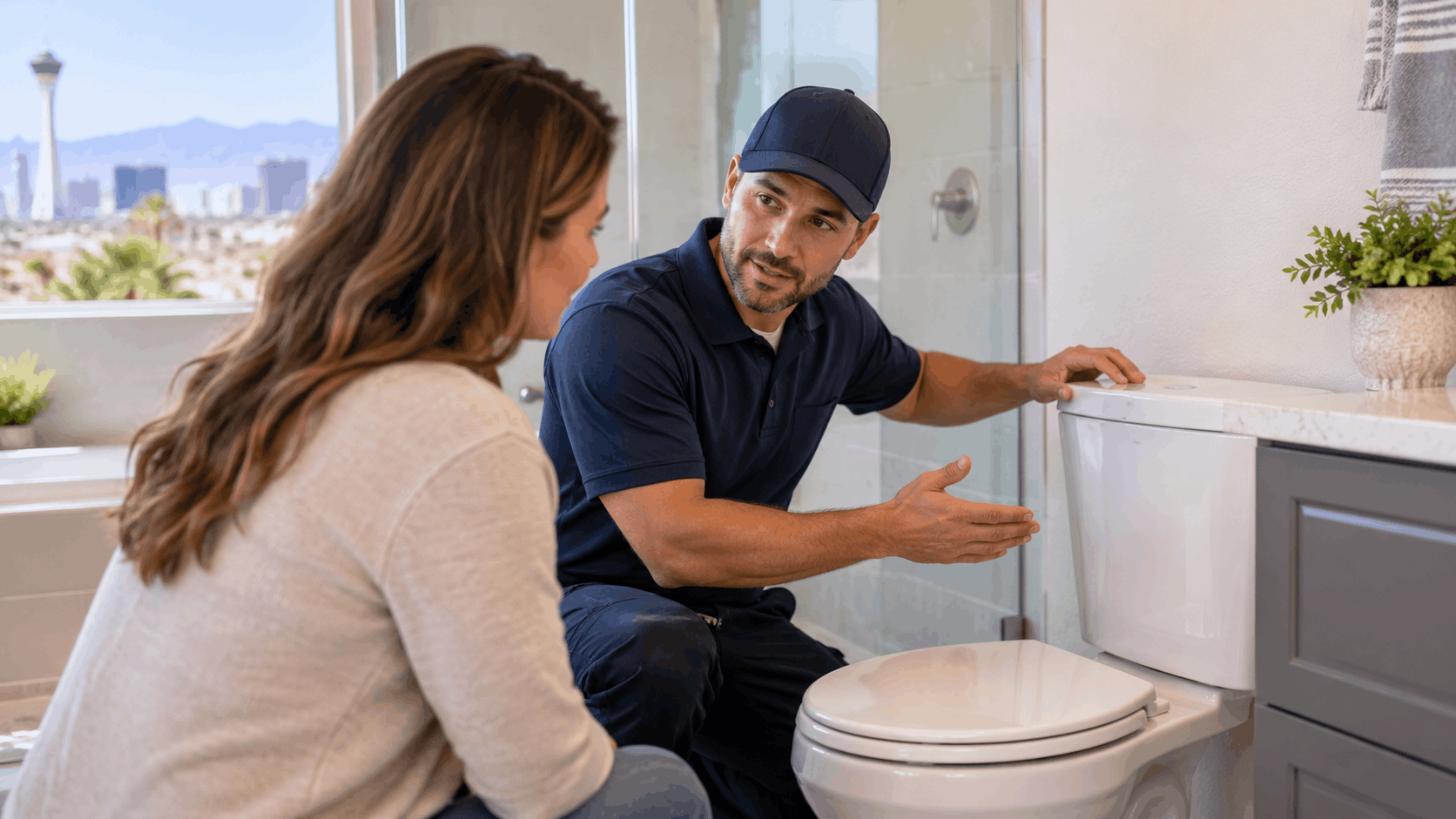 Las Vegas plumber explaining toilet tank issue to homeowner in modern bathroom