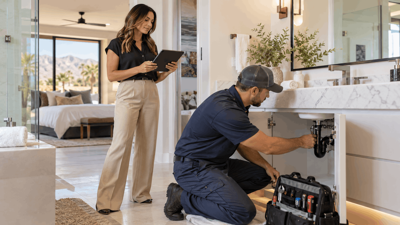 Las Vegas property manager with tablet overseeing plumber repairing bathroom sink pipes