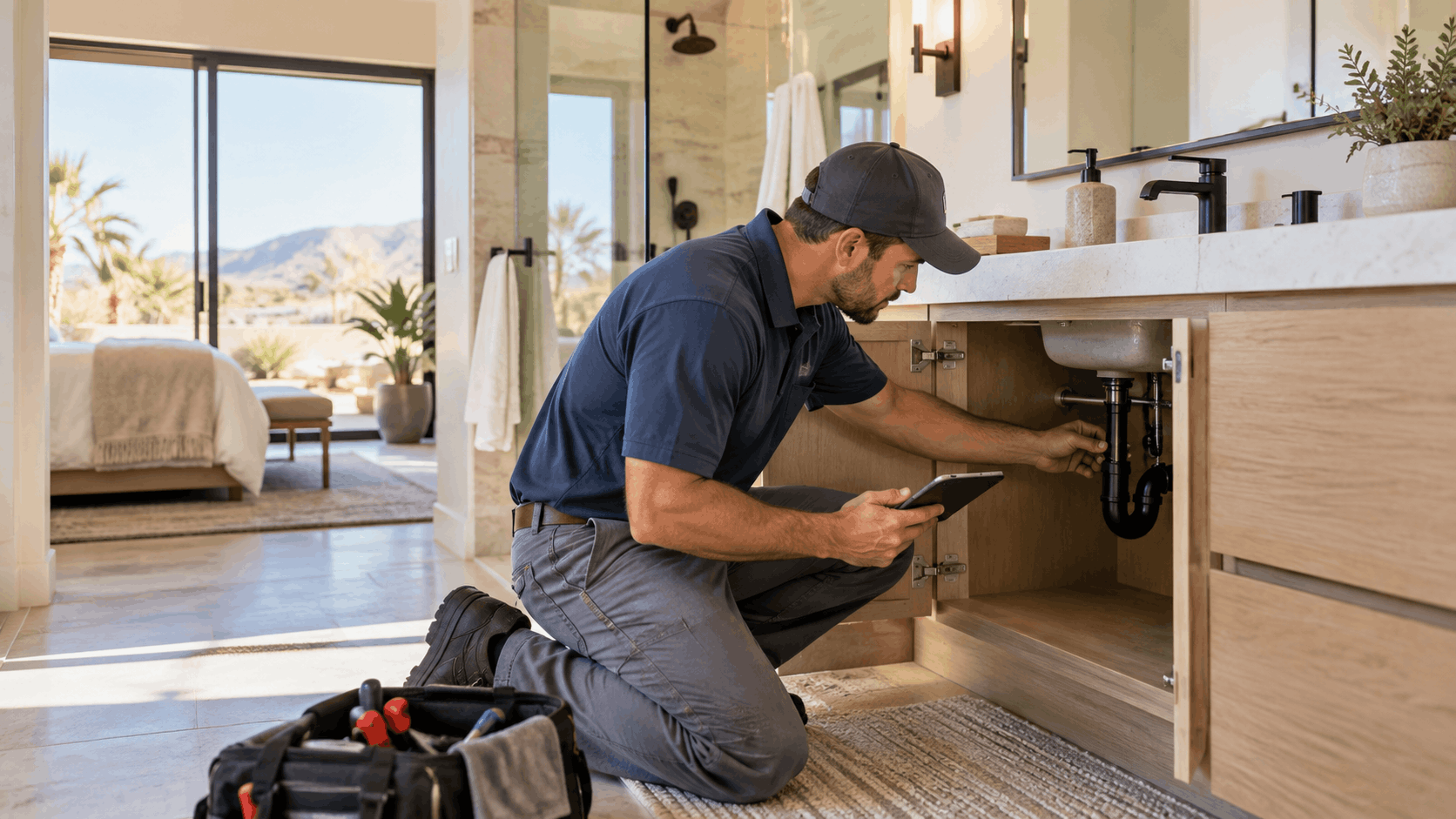 Licensed plumber inspecting under-sink pipes in modern Las Vegas luxury bathroom