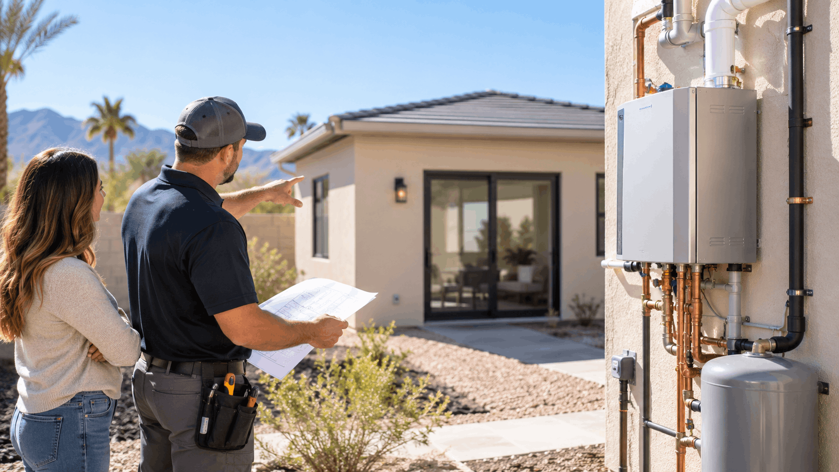 Plumber and homeowner reviewing tankless water heater installation plans outside Las Vegas home