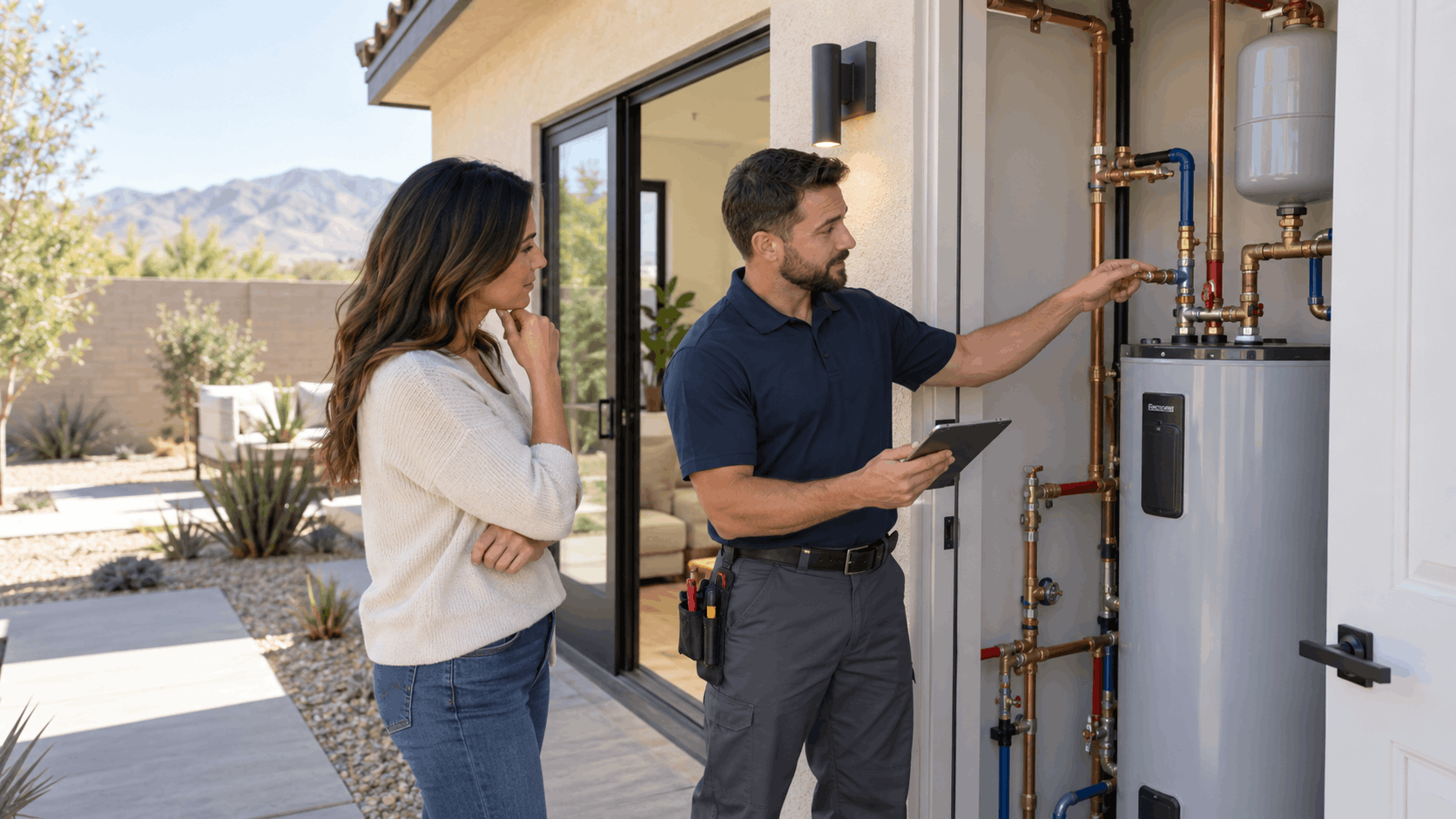 Plumber explaining drain waste vent system pipes to Las Vegas homeowner outdoors