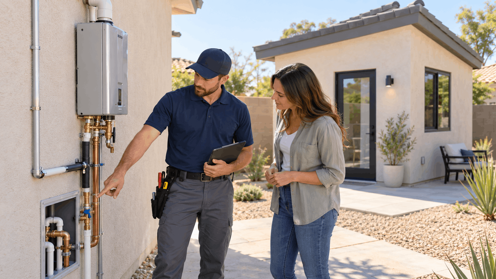 Plumber explaining tankless water heater installation to homeowner during Las Vegas inspection walkthrough