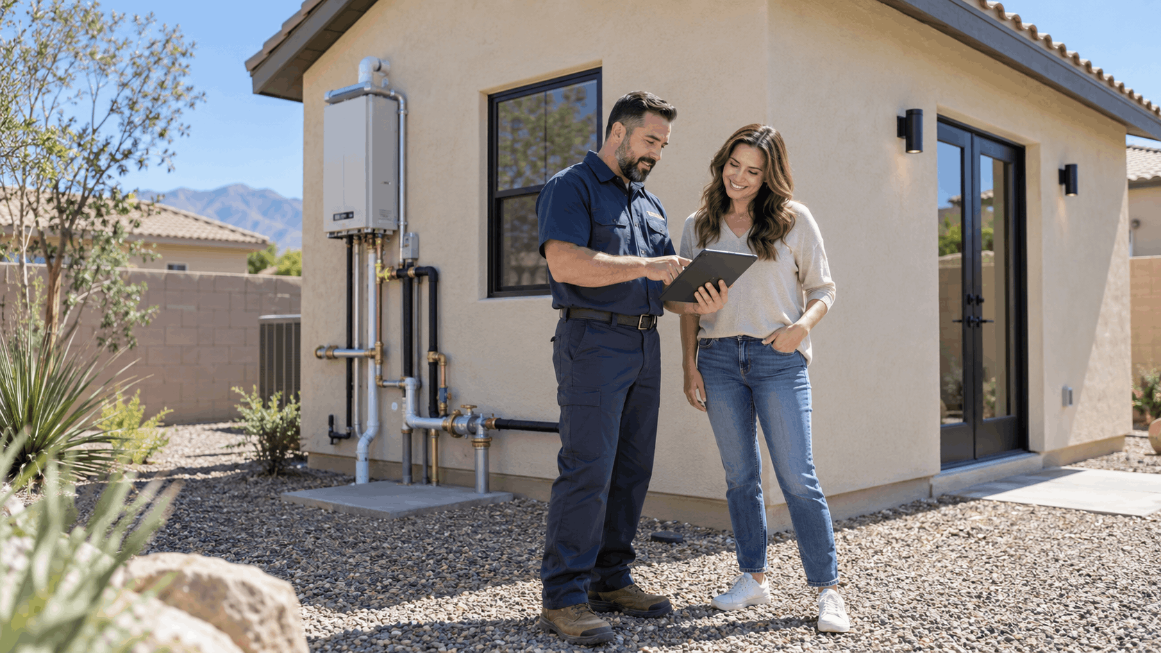 Plumber and homeowner reviewing tablet near tankless water heater outside Las Vegas home