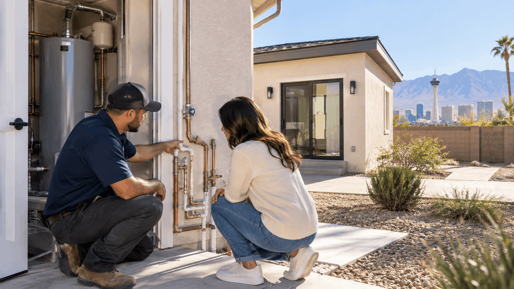 Las Vegas plumber explaining water heater pipe system to homeowner outside residence