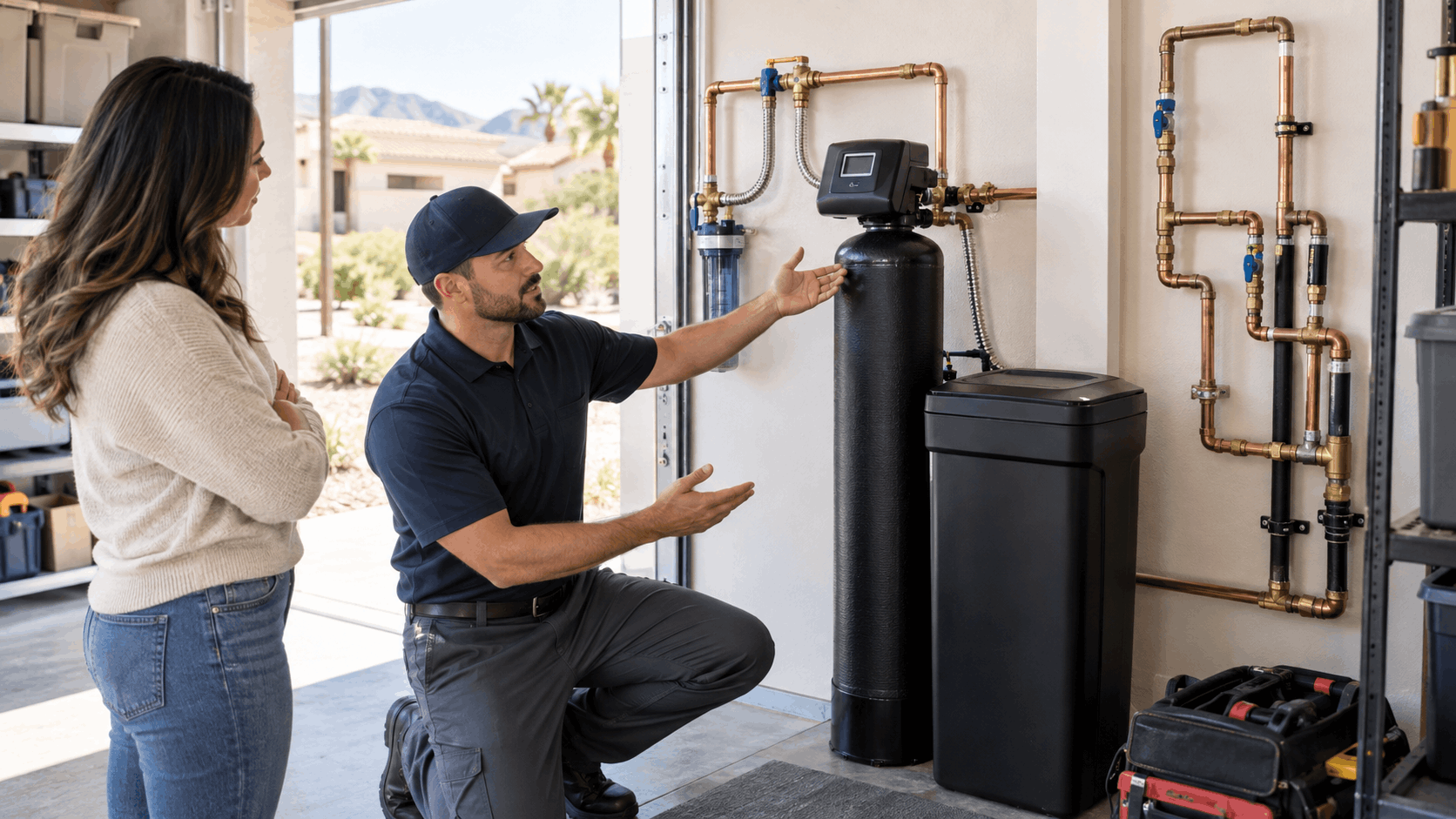 Plumber explaining water softener system installation to Las Vegas homeowner in garage