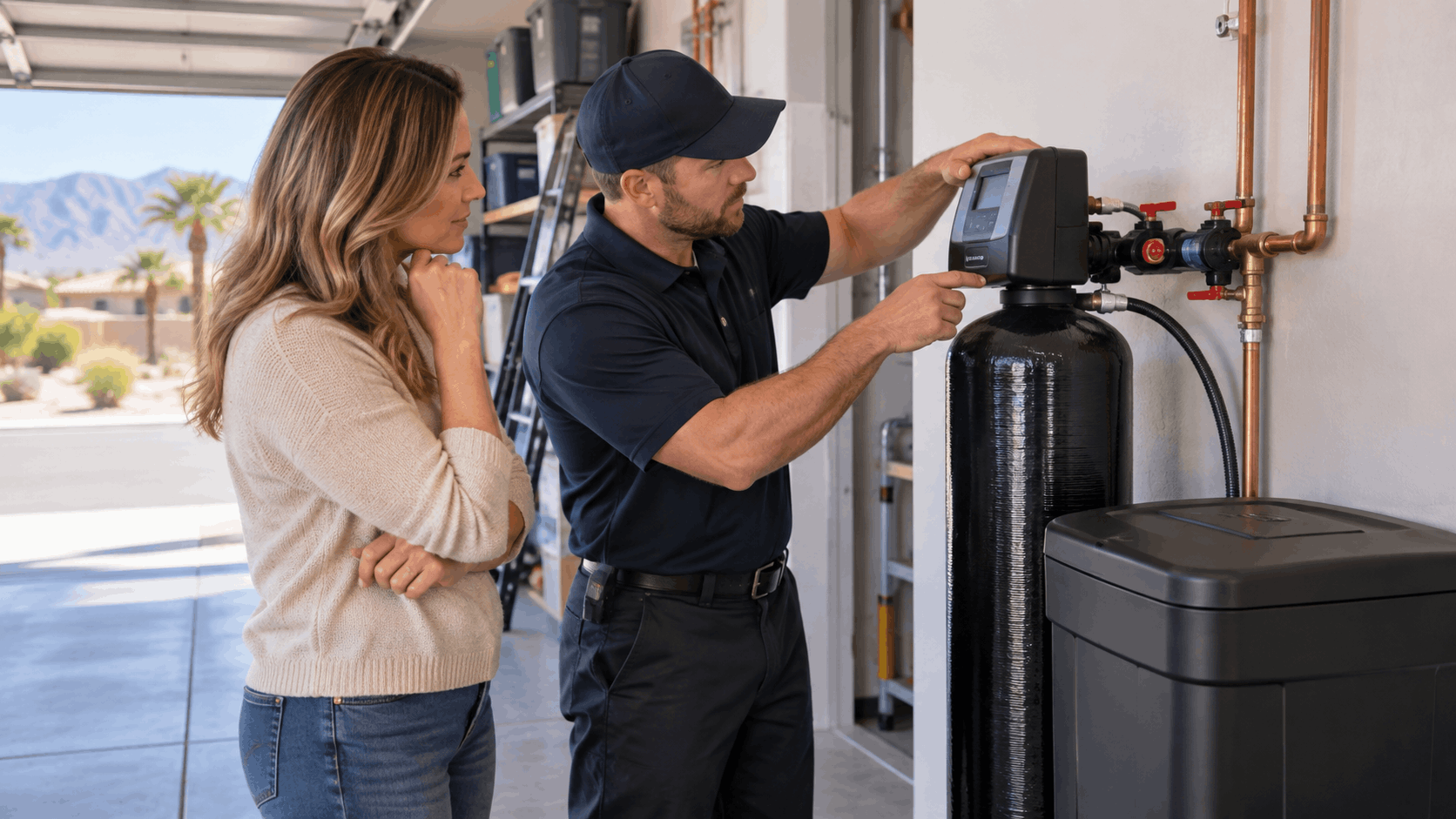 Plumber adjusting water softener system controls for Las Vegas homeowner in garage