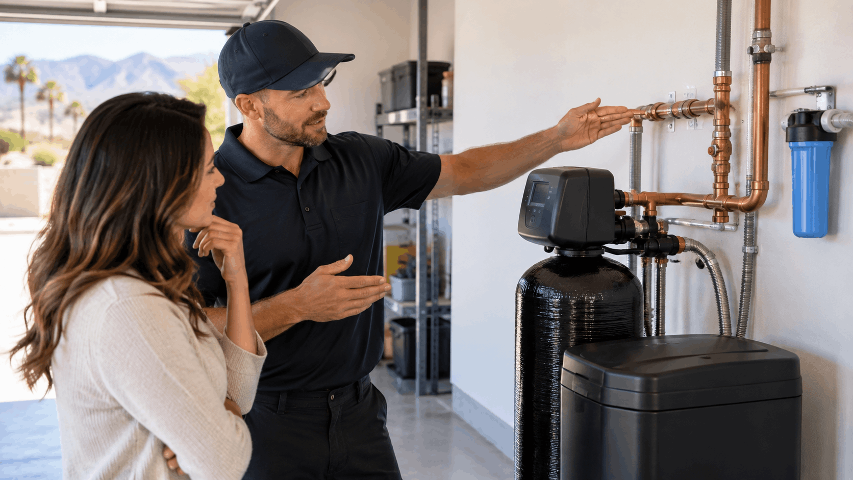 Las Vegas plumber explaining water softener system installation to homeowner in garage