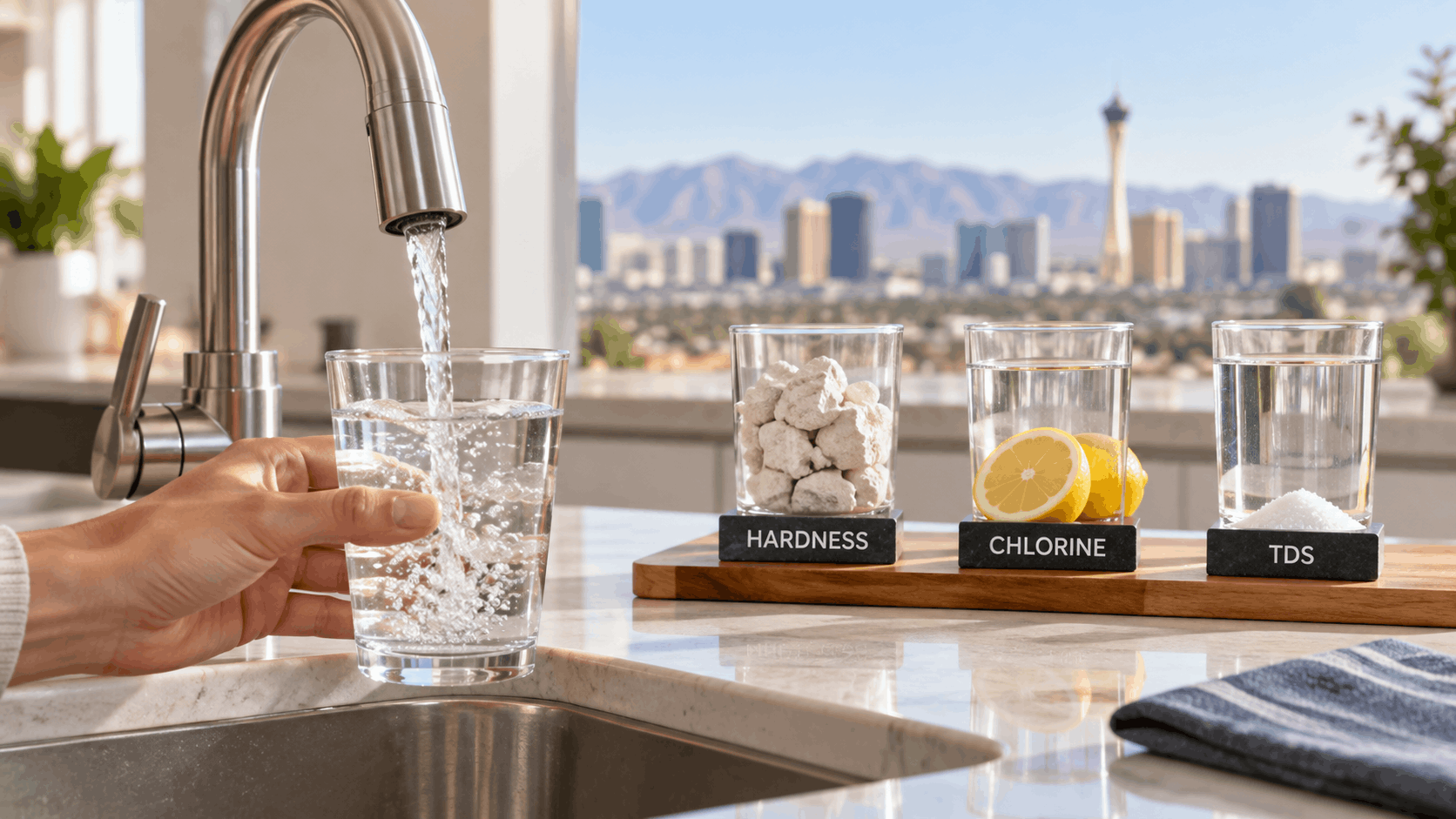 Las Vegas tap water hardness chlorine and TDS minerals displayed beside running faucet