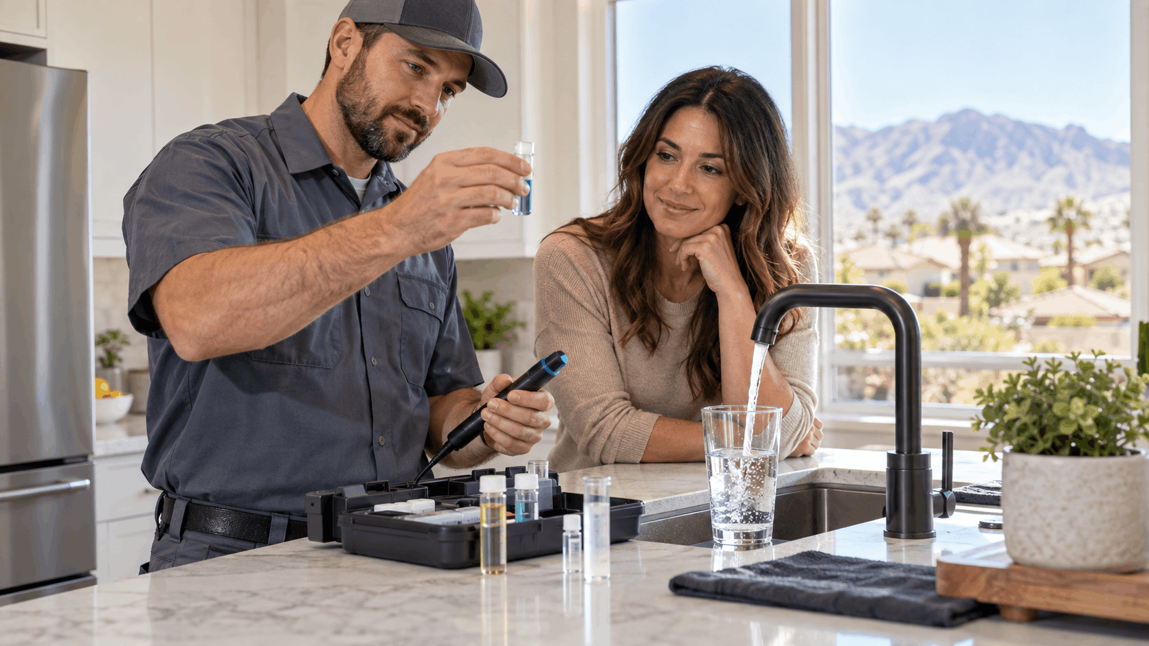 Plumber testing tap water chlorine levels with homeowner in Las Vegas kitchen