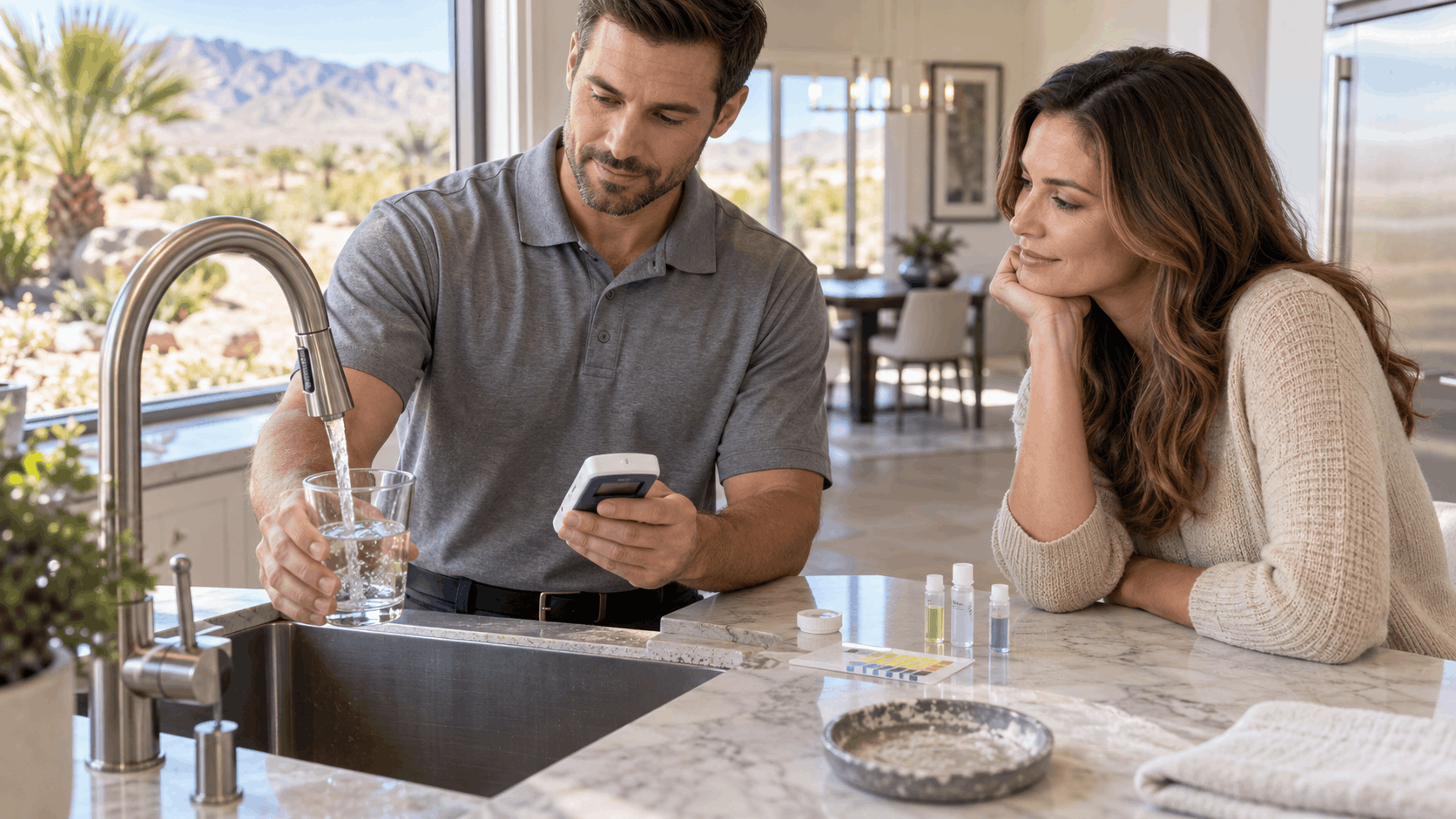 Couple testing Las Vegas tap water quality with digital meter and test strips