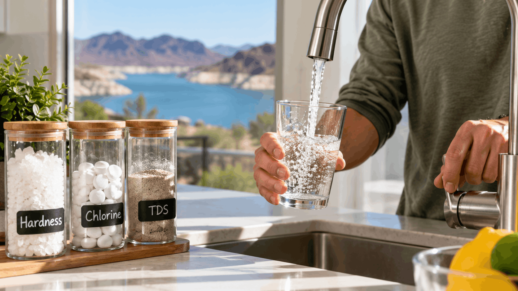 Man filling glass of water at kitchen sink beside jars labeled Hardness, Chlorine, TDS