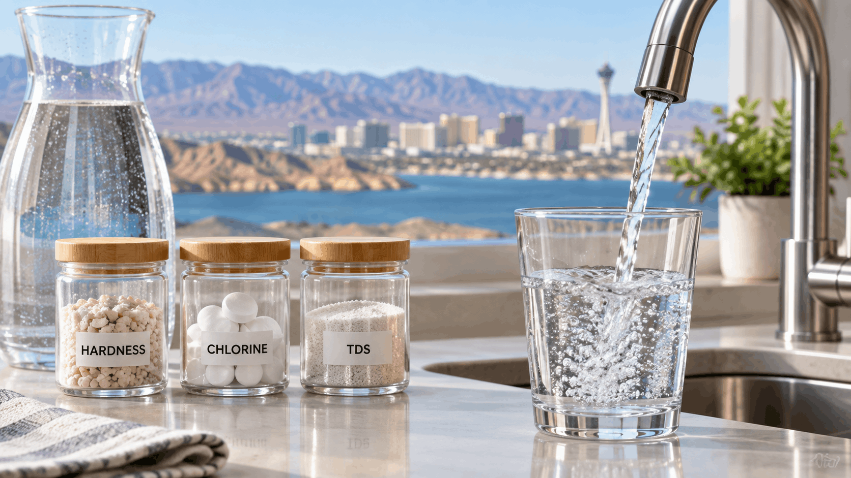 Las Vegas tap water quality jars showing hardness chlorine and TDS minerals with city skyline