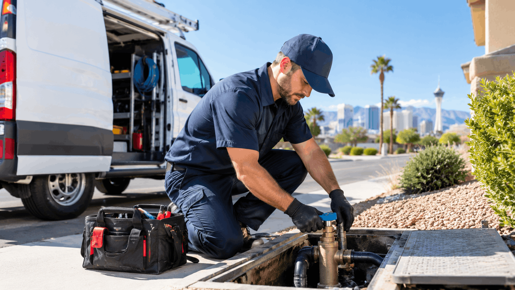 Las Vegas plumber repairing underground water main valve in residential neighborhood