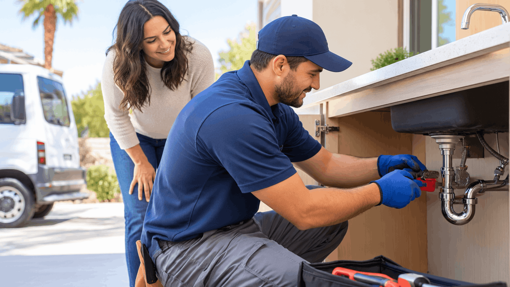 Licensed plumber repairing sink pipes while Las Vegas homeowner watches nearby