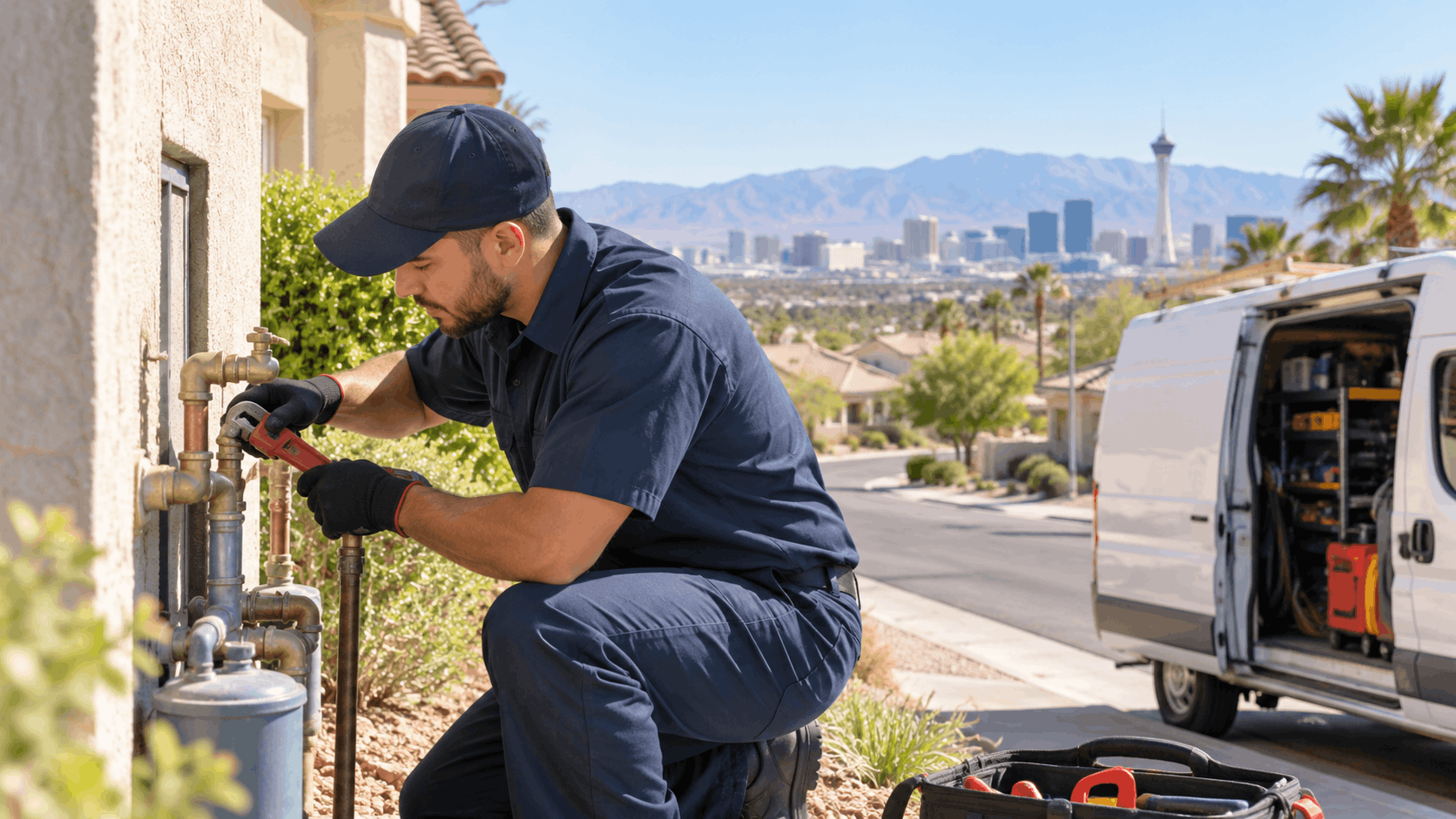 Licensed plumber repairing outdoor pipes at Las Vegas residential home with city skyline