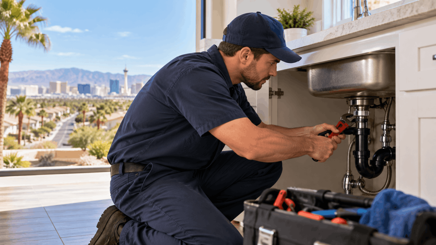 Active Plumbing technician repairing under-sink pipes with wrench, Las Vegas skyline visible