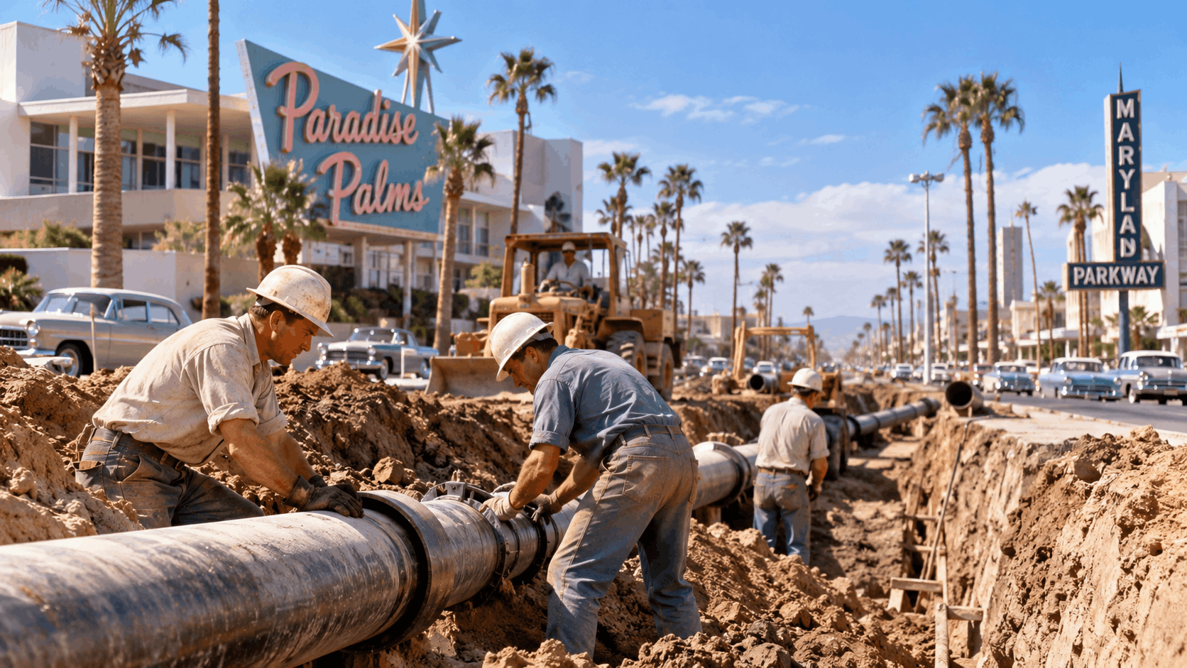 1960s plumbers installing underground pipes along Maryland Parkway near Paradise Palms Las Vegas