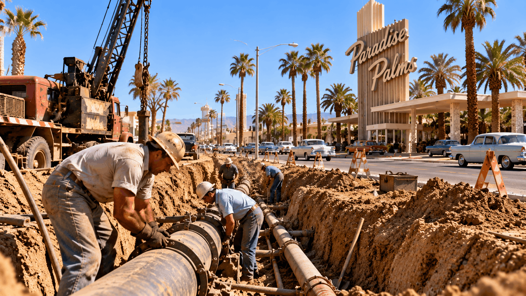 Construction workers installing underground pipes in trench near Paradise Palms Las Vegas