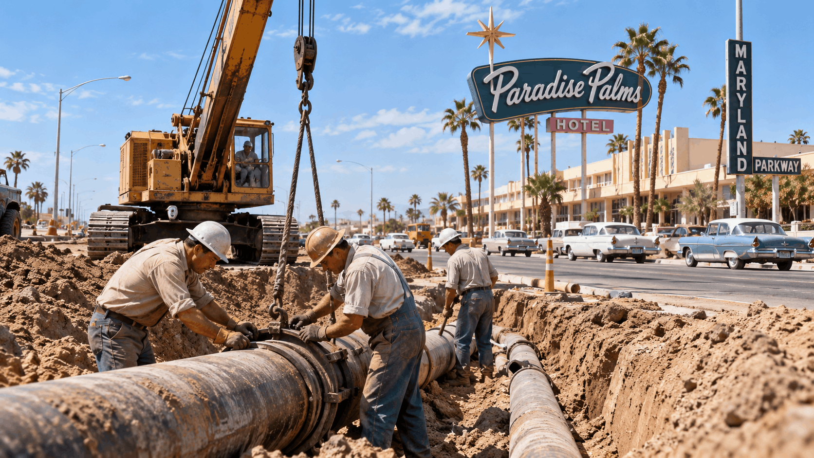 Construction workers installing large pipes on Maryland Parkway near Paradise Palms Hotel Las Vegas 1950s