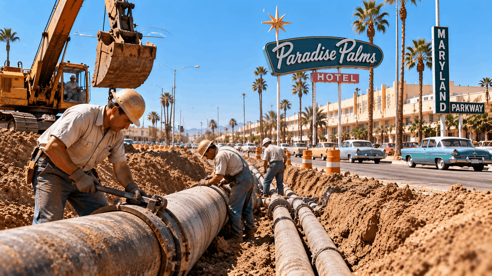 Construction workers installing large plumbing pipes along Las Vegas Paradise Palms Hotel boulevard