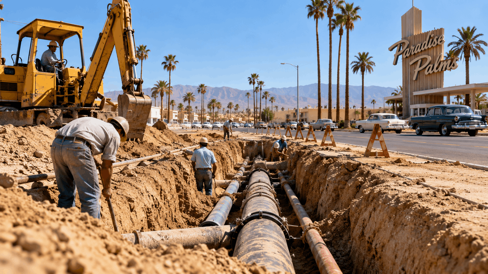 Workers installing underground plumbing pipes near Paradise Palms neighborhood in Las Vegas