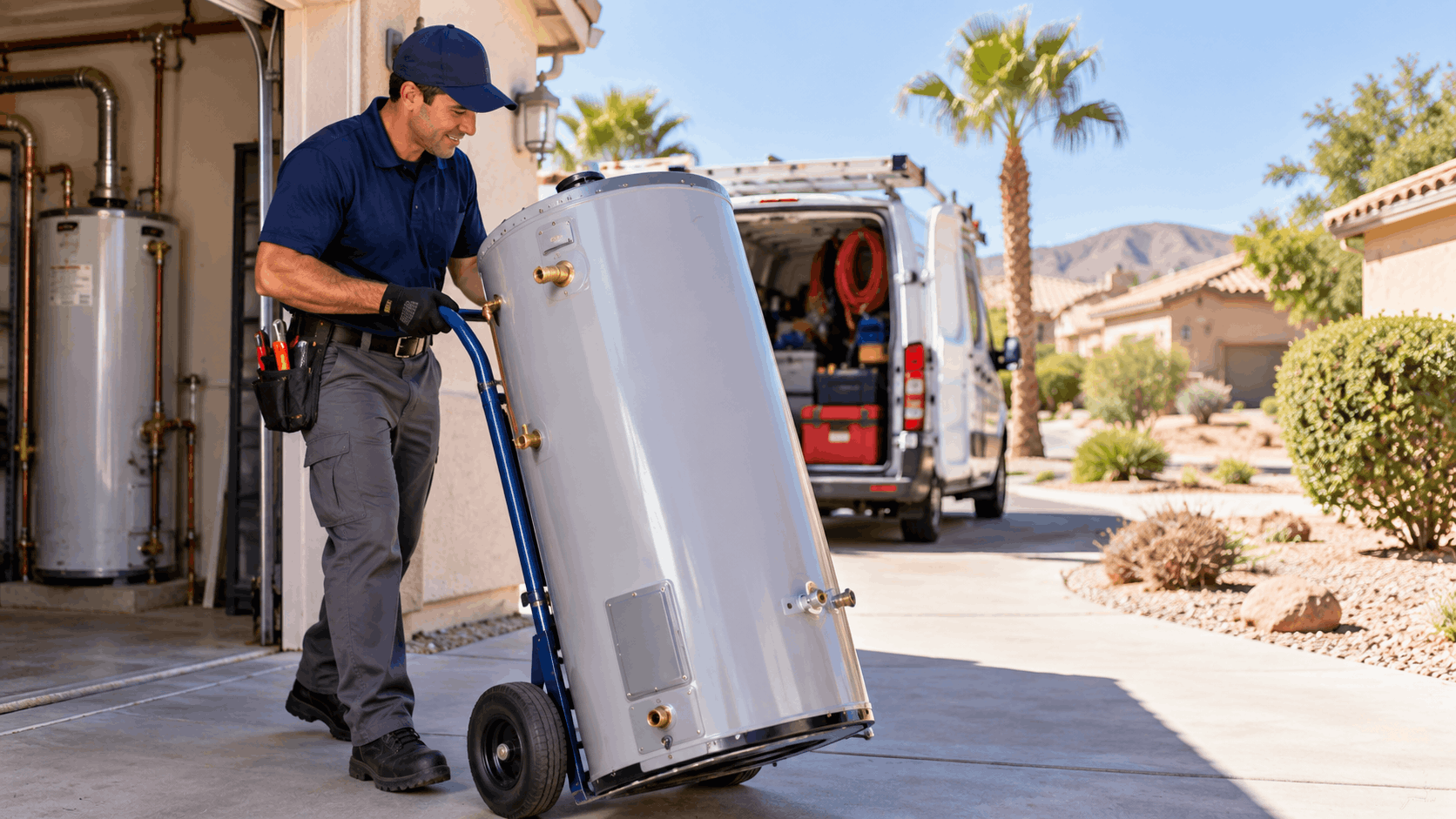 Plumber delivering new water heater on dolly to Sun City Summerlin Las Vegas home