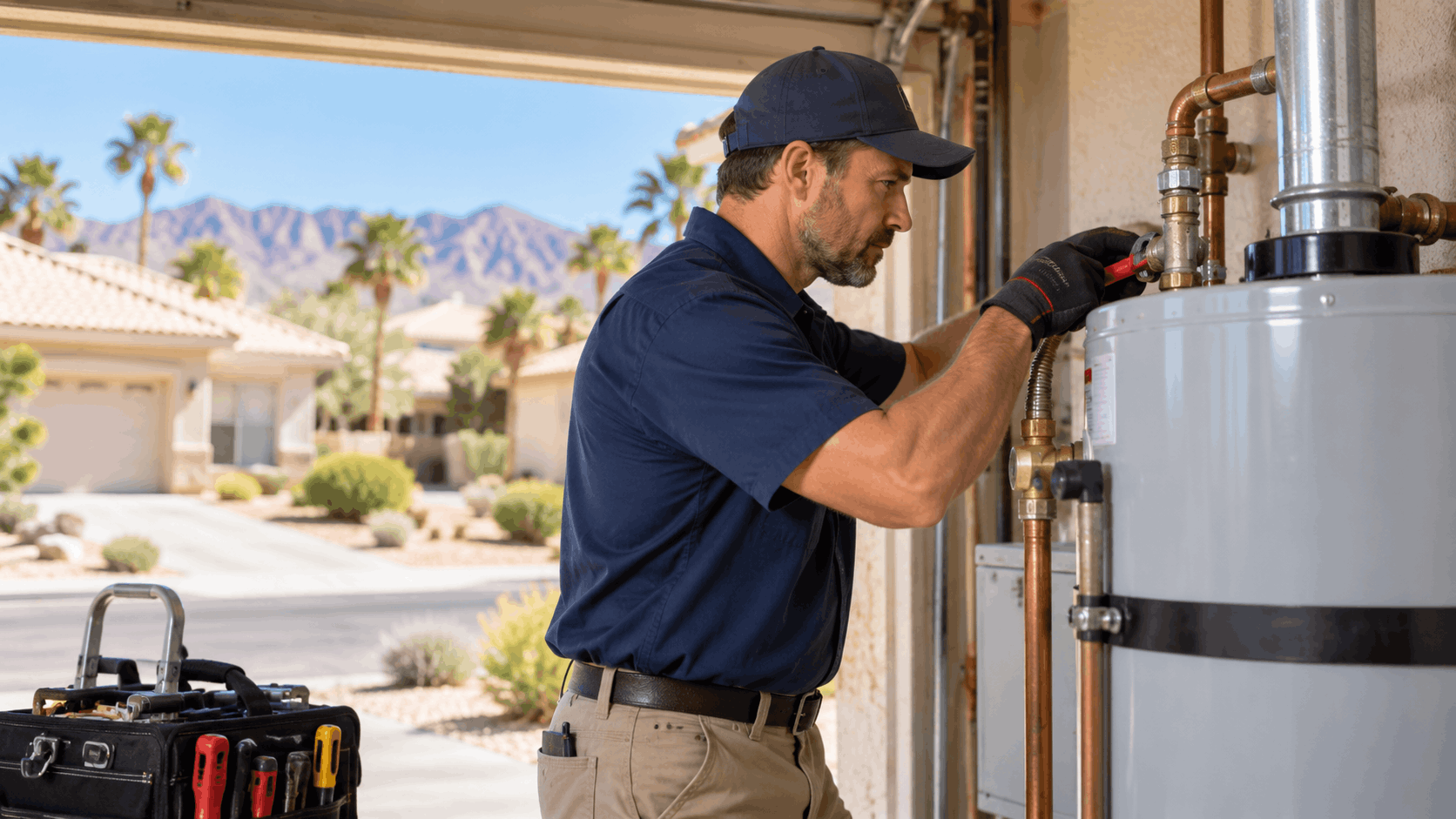 Plumber servicing a tank water heater in a Las Vegas garage home