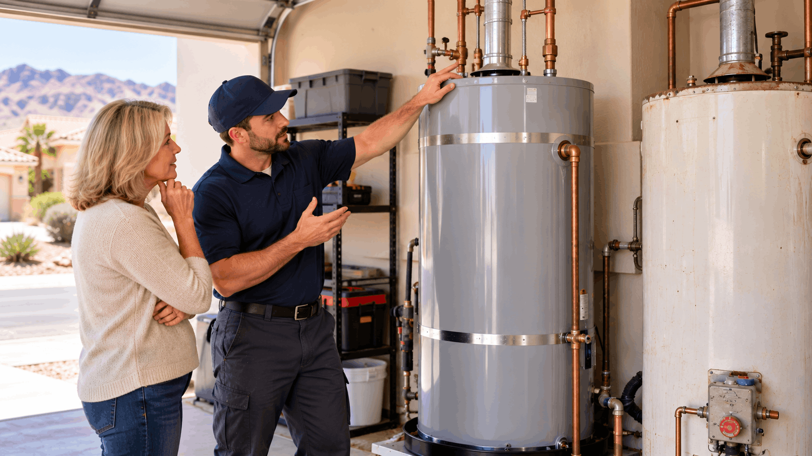 Plumber explaining water heater installation to homeowner in Las Vegas garage