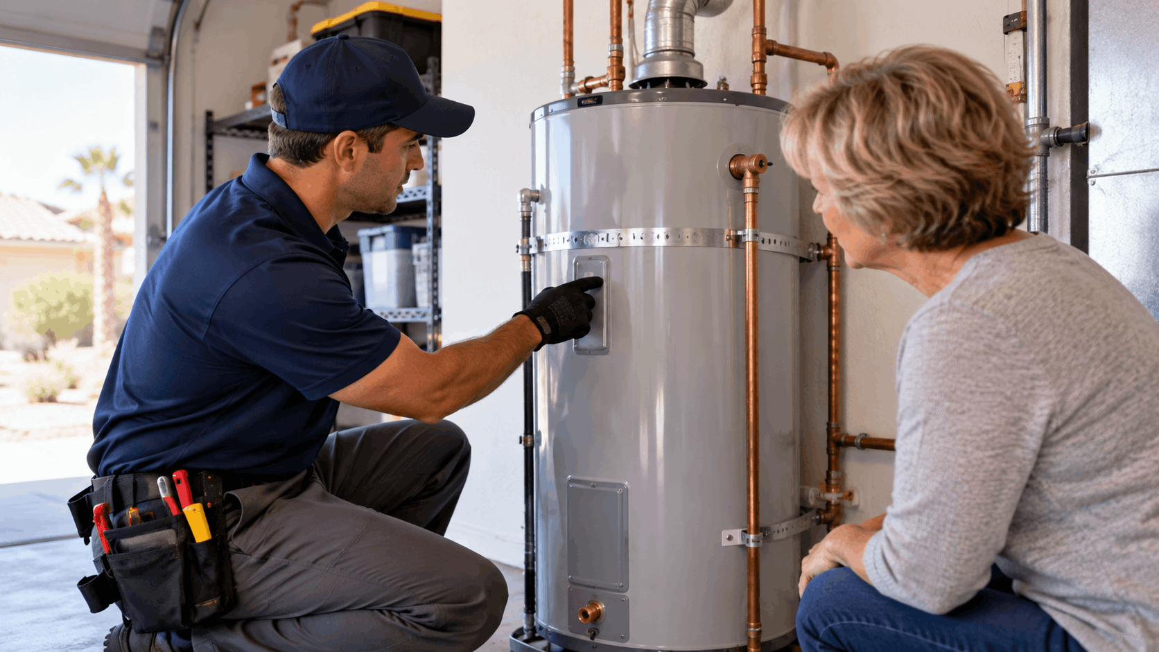 Plumber inspecting water heater with senior homeowner in Las Vegas garage
