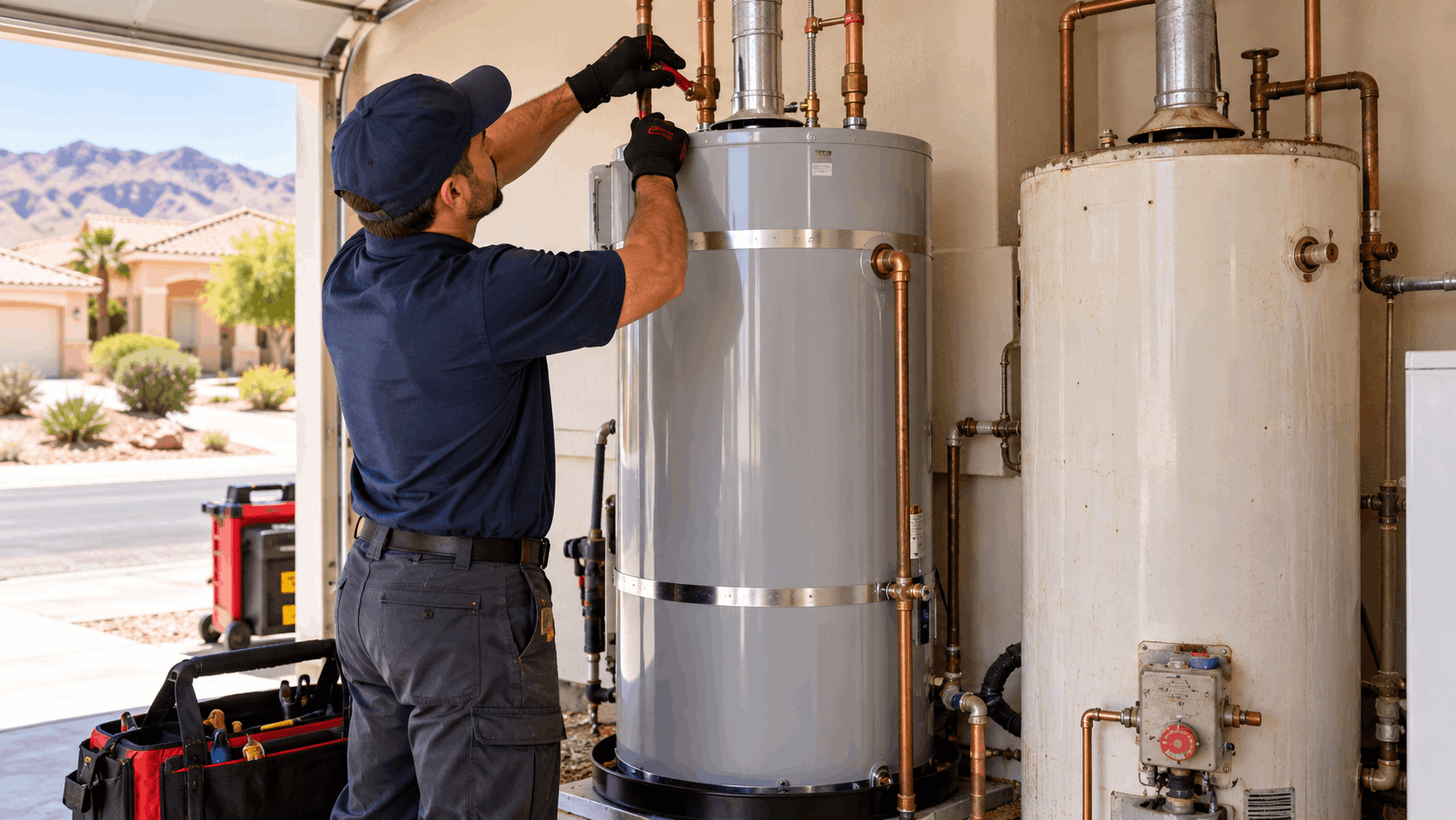 Plumber installing replacement water heater in Sun City Summerlin Las Vegas garage