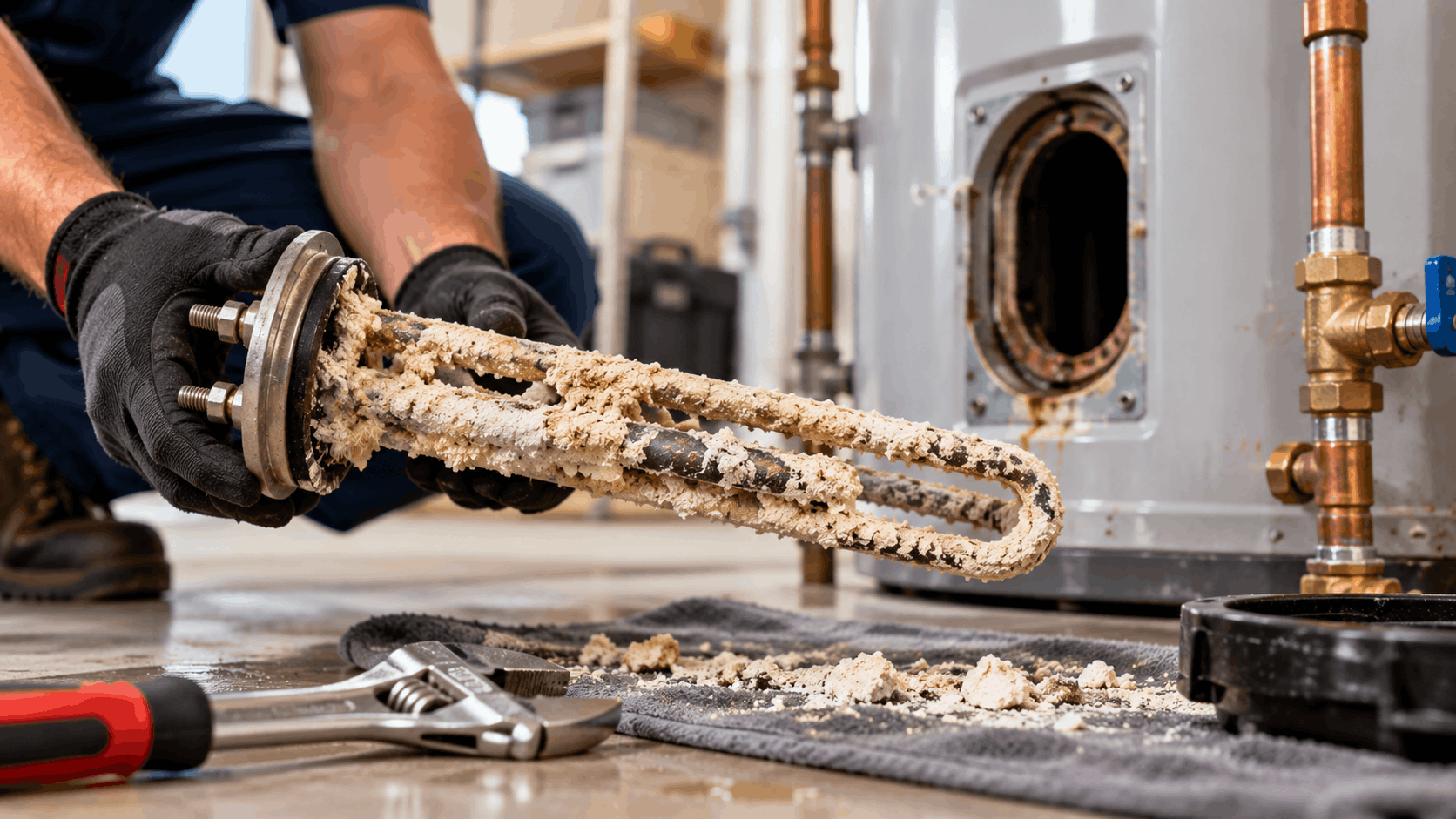 Plumber removing heavily scaled water heater heating element covered in mineral deposits