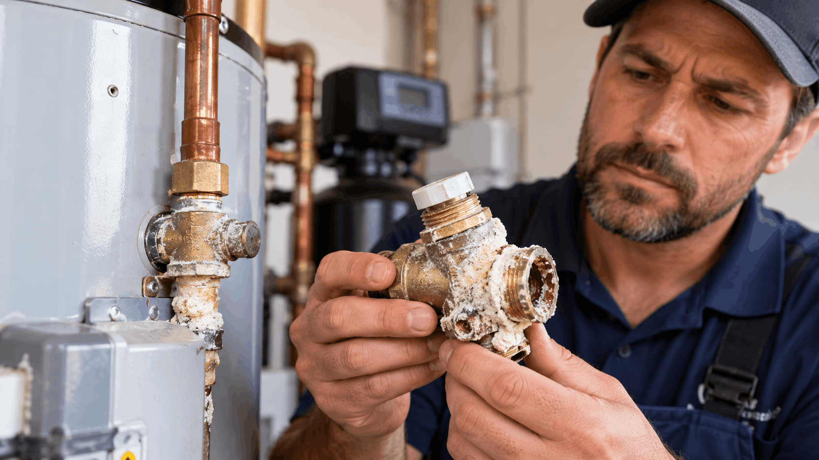 Plumber inspecting heavily scaled corroded brass valve removed from Las Vegas water heater