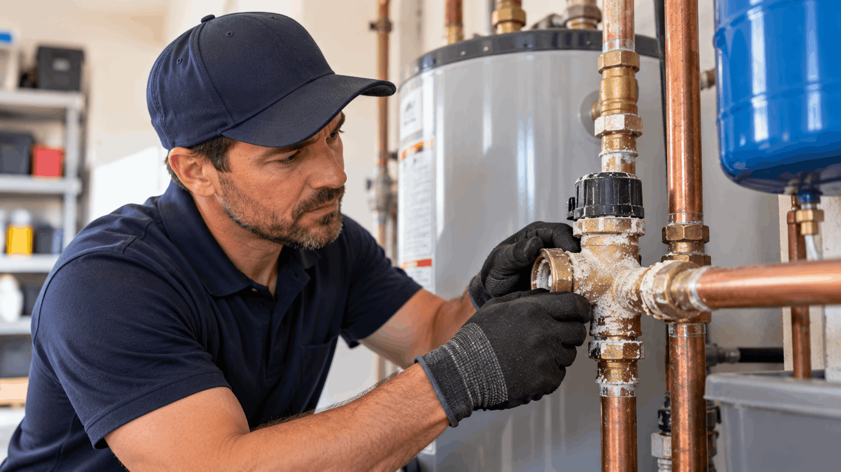 Plumber repairing corroded copper pipe valves near residential water heater system