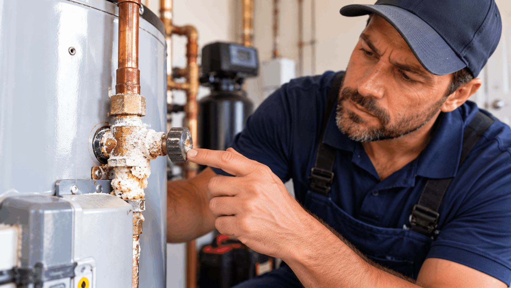 Licensed plumber inspecting corroded water heater valve connections in Las Vegas utility room