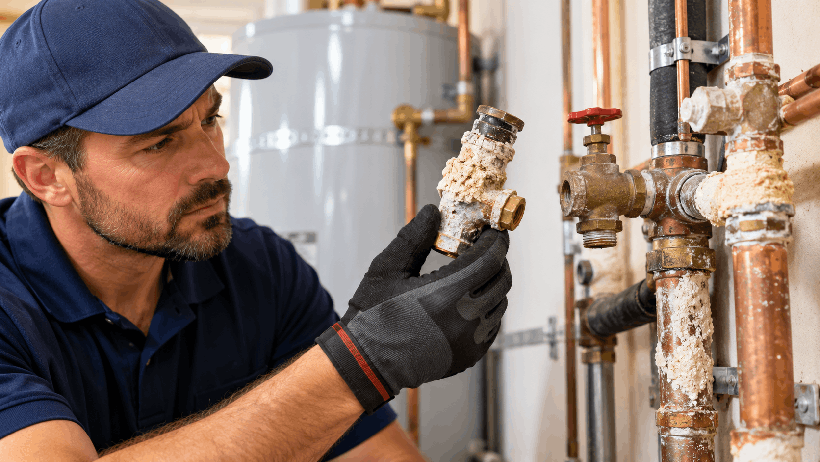 Plumber inspecting heavily corroded valve removed from hard water pipe system