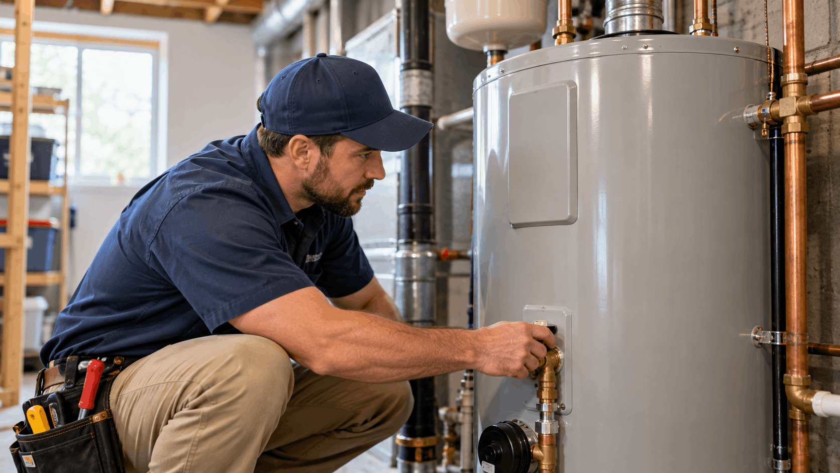 Licensed plumber inspecting and adjusting water heater valves and copper pipes