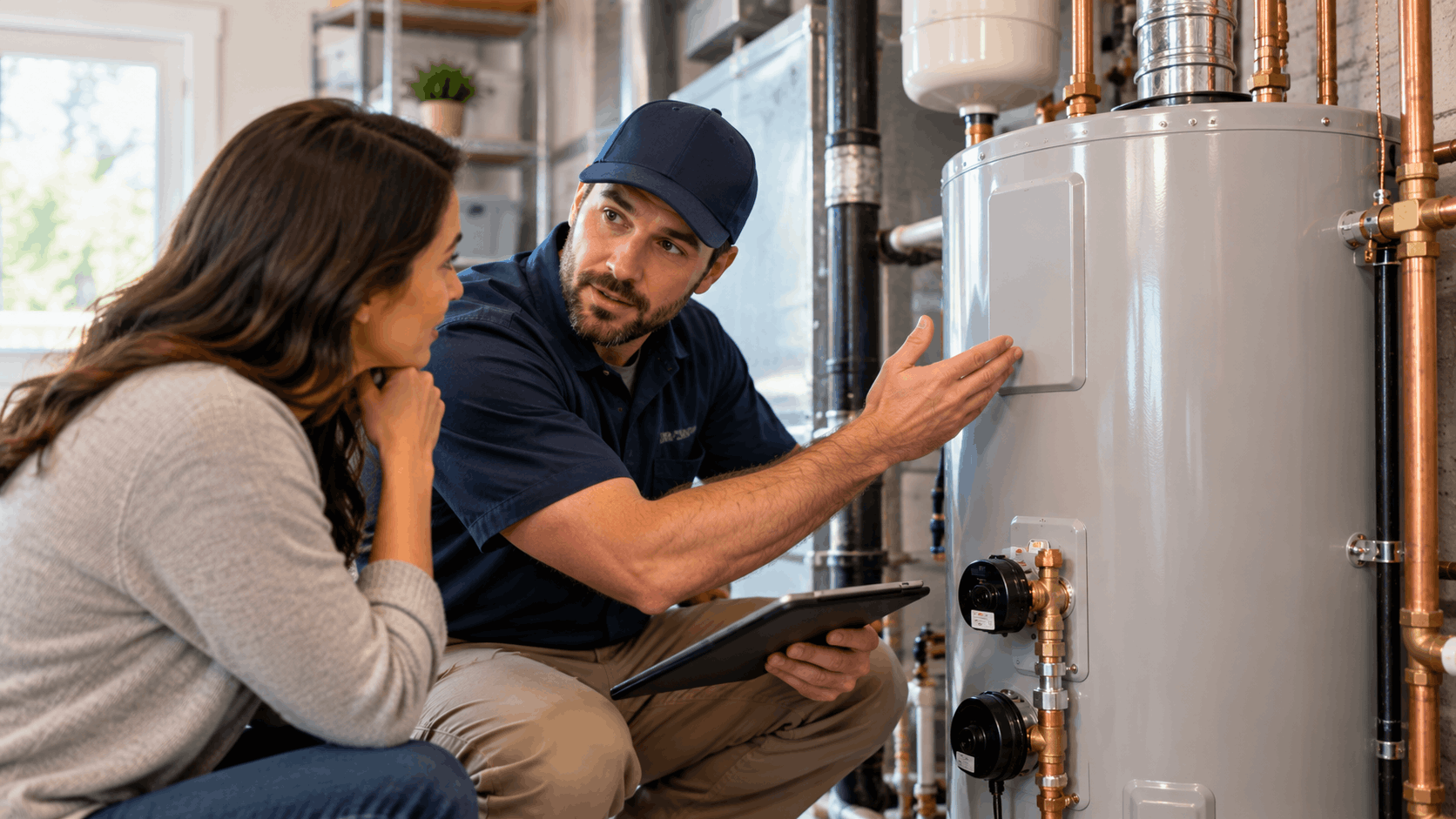 Plumber showing homeowner warning signs on water heater with copper pipes
