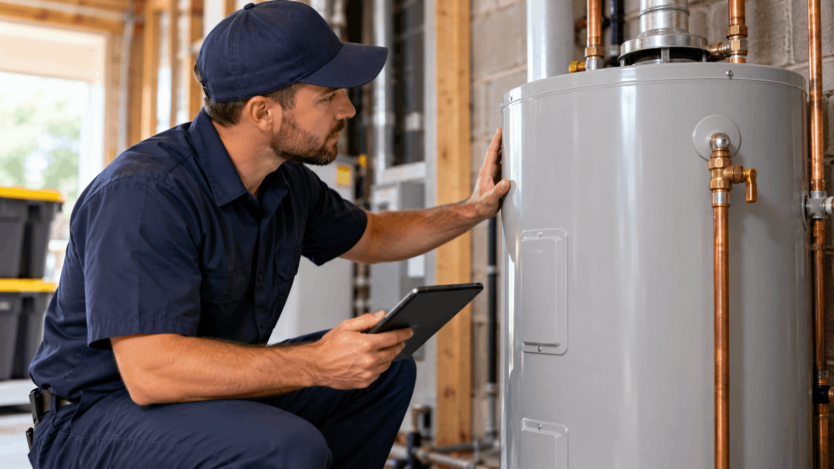Plumber inspecting water heater with tablet in Spring Valley Las Vegas home