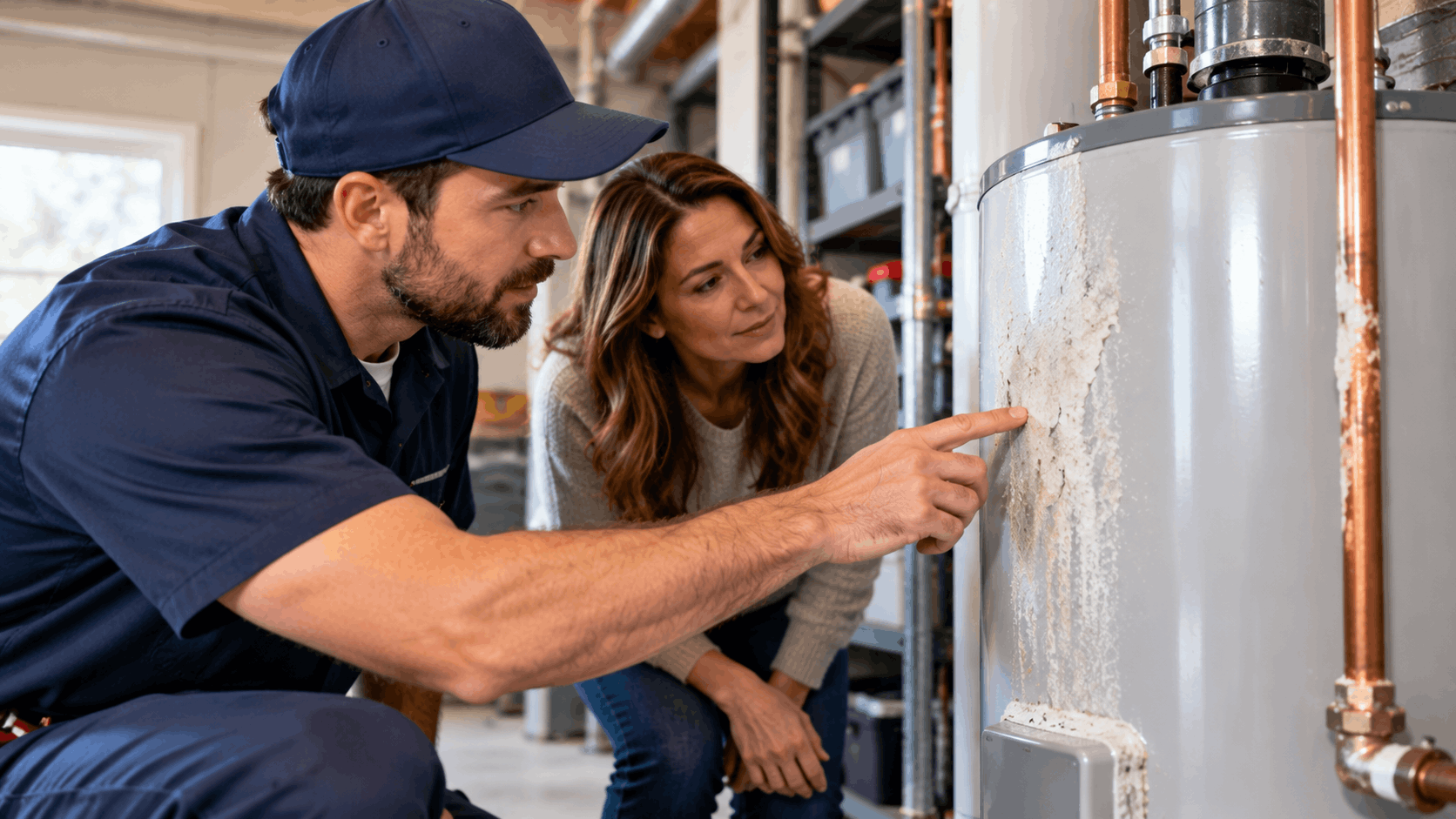 Plumber showing homeowner mineral buildup and corrosion on water heater tank in Spring Valley Las Vegas